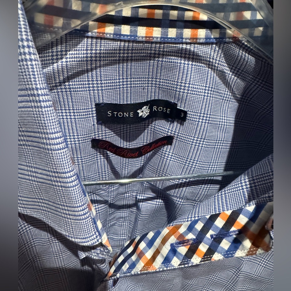 Men’s Blue Check Stone Rose Dress Shirt Button Down Size 3 Medium M Blue Plaid